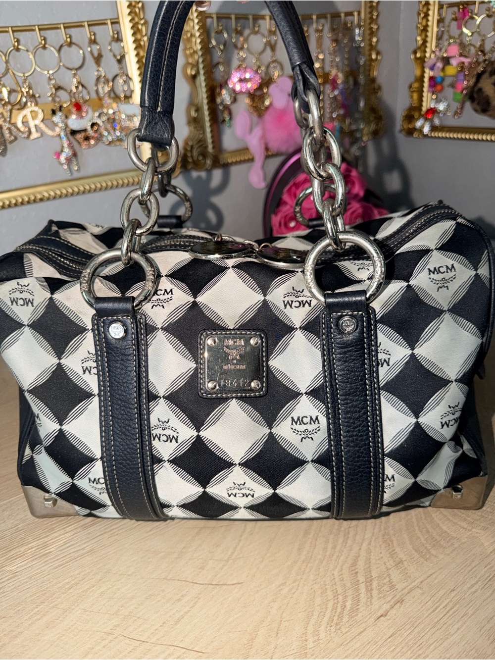 MCM Black and White Harley Quinn Logo Checker Satchel